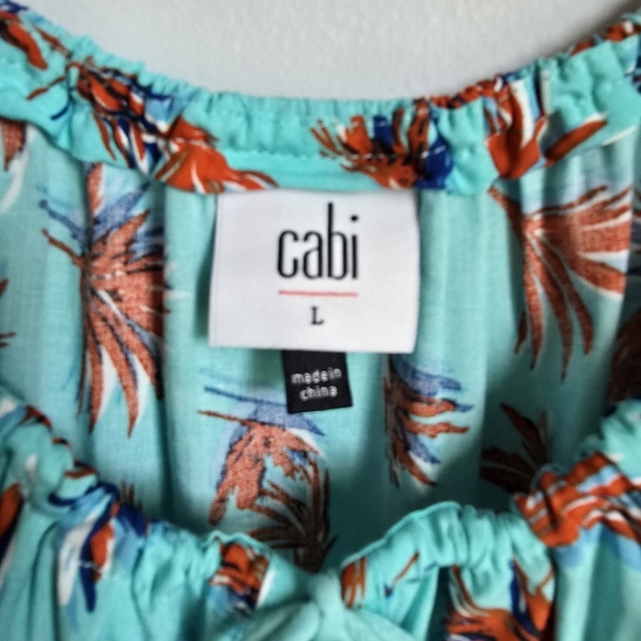 CAbi, New, Aqua/Orange Palm Leaf Tie Front Tassel Tank Blouse Top, Size Large - Picture 8 of 11